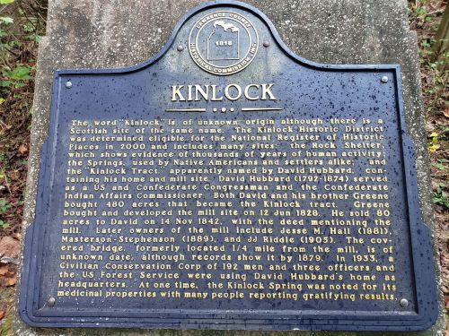Historical marker for Kinlock, detailing its origins, notable figures, and significance in local history.