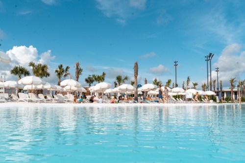 A sunny pool scene with clear water, lounge chairs, umbrellas, and palm trees under a blue sky.