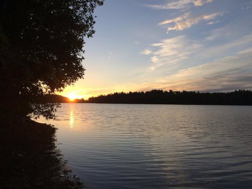 Sunset over a calm lake, with trees silhouetted against the colorful sky and gentle ripples on the water's surface.