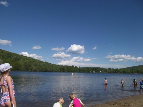 Children playing by a sandy beach at a lake, with trees and clouds in the background under a clear blue sky.