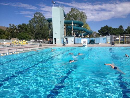 A sunny outdoor swimming pool with people swimming, a water slide in the background, and trees lining the area.