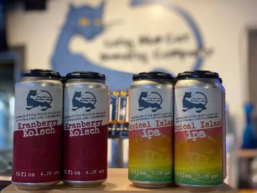 Four cans of craft beer on a wooden shelf, featuring "Kranberry Kolsch" and "Tropical Island IPA" labels.
