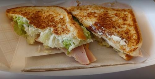 A toasted sandwich with lettuce, turkey, and mayonnaise, cut in half and served on a paper tray.