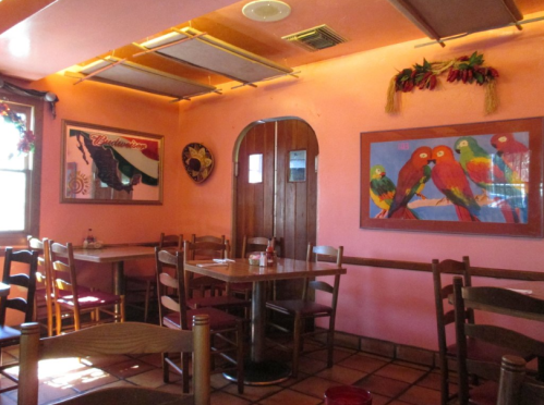 Cozy restaurant interior with pink walls, wooden tables, and colorful parrot artwork. Warm, inviting atmosphere.