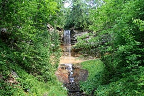 A serene waterfall cascading down rocky cliffs, surrounded by lush green trees and foliage.
