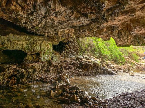 A cave entrance with a rocky interior, water flowing over stones, and lush greenery visible outside.