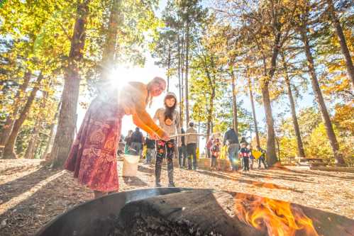 A woman and a child roast marshmallows over a campfire in a sunlit forest, surrounded by people enjoying the outdoors.