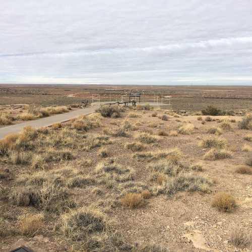 A wide, open landscape with sparse vegetation and a distant fence or gate under a cloudy sky.