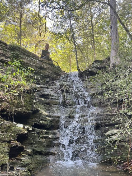 A person sits on a rocky ledge beside a small waterfall surrounded by lush greenery and trees.
