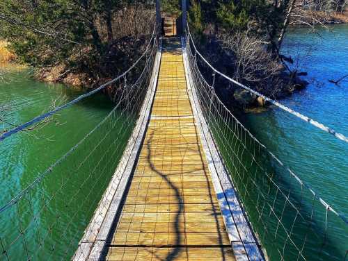 A wooden suspension bridge stretches over green water, surrounded by trees and a rocky island.