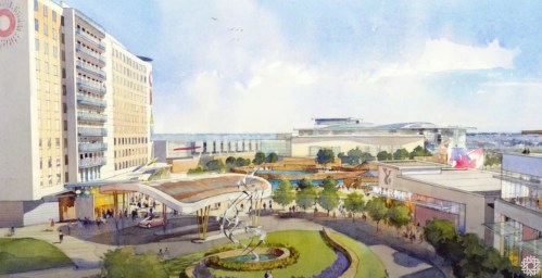 A colorful architectural rendering of a modern hotel and shopping area with landscaped gardens and people walking.