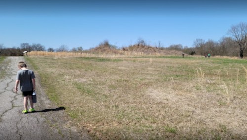 A child walks along a path in a grassy field on a sunny day, with trees and distant figures in the background.