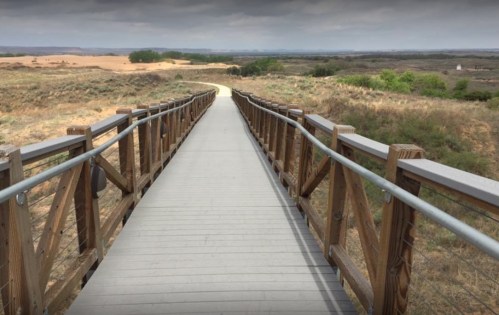 A wooden boardwalk leads through a grassy landscape towards distant hills under a cloudy sky.