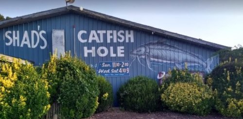 A blue building with a mural of a catfish and a sign for Shad's Catfish Hole, listing hours of operation.