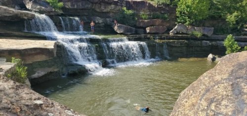 A serene waterfall cascades into a calm pool, with people enjoying the water and surrounding greenery.
