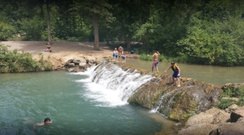 A group of people enjoying a sunny day by a waterfall and swimming area surrounded by lush greenery.