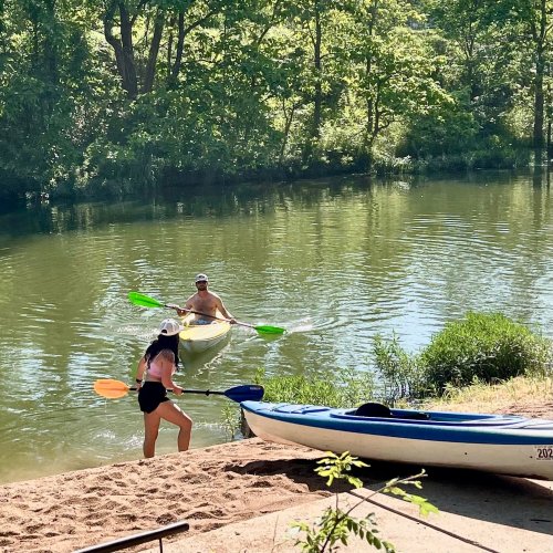 Two people kayaking on a calm river surrounded by lush greenery on a sunny day.