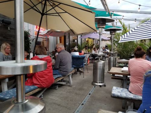 Outdoor dining area with umbrellas, heaters, and patrons enjoying meals at rustic wooden tables.