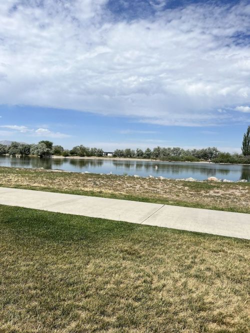 A serene landscape featuring a calm lake, grassy shore, and a cloudy blue sky in the background.