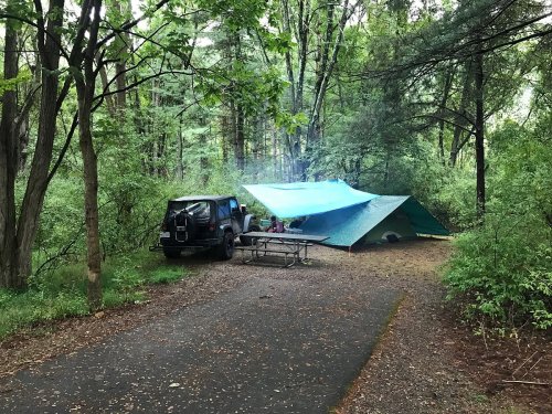 A campsite in a forest with a tent, picnic table, and a parked vehicle under a blue tarp.