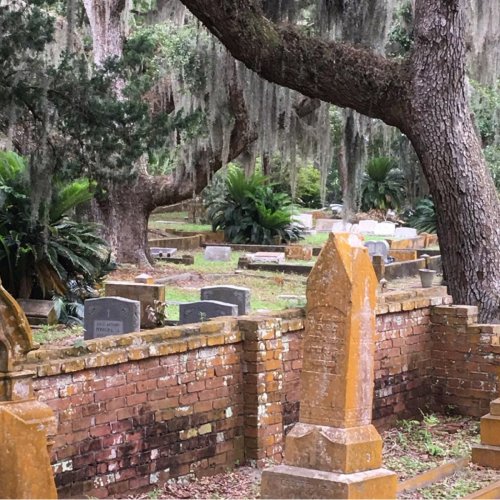 A serene cemetery scene with weathered gravestones, surrounded by trees and lush greenery.