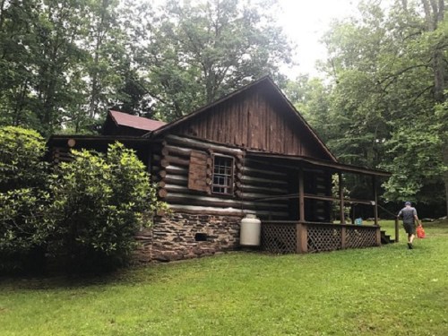 A rustic log cabin surrounded by trees, with a person walking towards it on a grassy path.