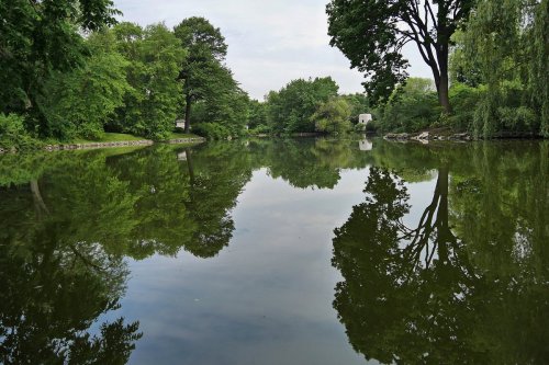 A serene river scene with lush green trees reflecting in calm water under a cloudy sky.