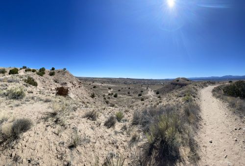 A panoramic view of a desert landscape with sparse vegetation, hills, and a clear blue sky. Sunlight shines brightly.