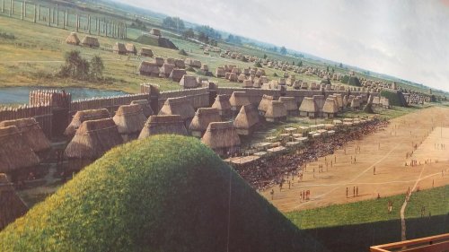 Aerial view of a historical settlement with thatched huts, surrounded by a wooden palisade and open fields.
