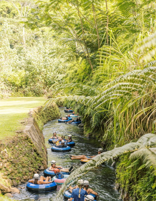 People floating on inner tubes down a lush, green waterway surrounded by tropical foliage.