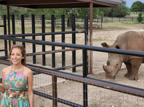 A woman smiles near a fenced area with a rhinoceros grazing in the background.