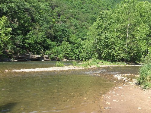 A serene river flows through a lush green landscape, surrounded by trees and rocky banks under a clear sky.