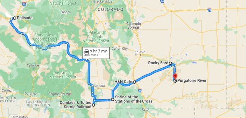Map showing a route from Palisade to Purgatoire River, highlighting key locations and travel time of 9 hours and 7 minutes.