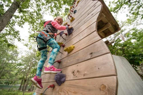 A young girl climbs a wooden rock wall, wearing a harness and colorful climbing gear, surrounded by trees.