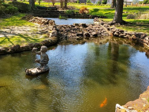 A serene pond with a statue of a child fishing, surrounded by greenery and koi swimming beneath the surface.