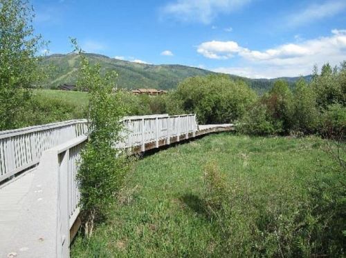 A wooden boardwalk winds through lush green grass and trees, with mountains in the background under a blue sky.