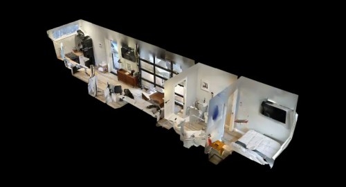 3D model of a modern interior space featuring a living area, office, and bedroom with minimalistic decor.