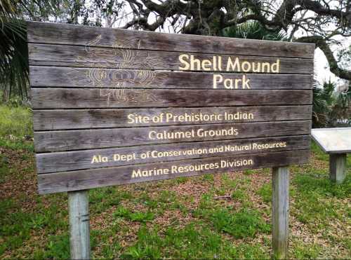 Wooden sign for Shell Mound Park, highlighting its historical significance and conservation efforts.