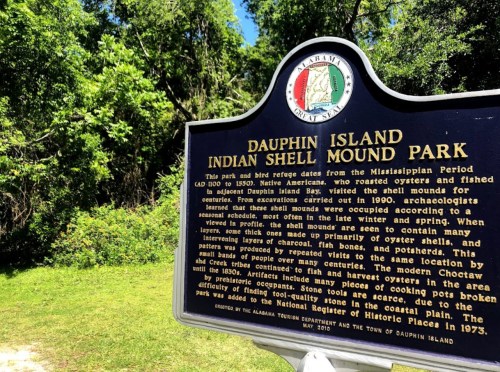 Historical marker for Dauphin Island Indian Shell Mound Park, detailing its archaeological significance and history.