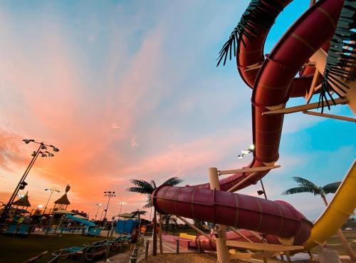 A colorful water slide against a vibrant sunset sky, with palm trees and amusement park features in the background.
