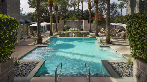 A serene pool surrounded by palm trees and lounge chairs, with a tranquil water feature in a lush outdoor setting.