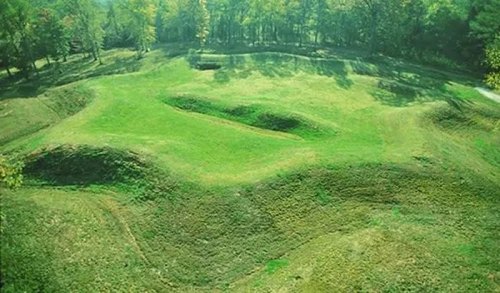Aerial view of grassy mounds and earthworks surrounded by trees in a natural landscape.