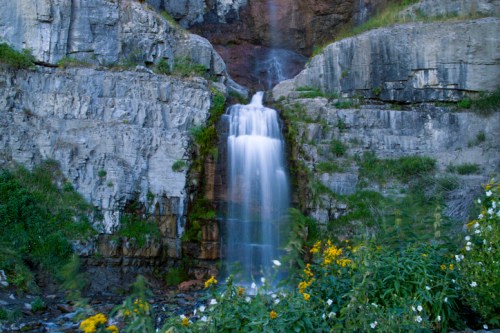 A serene waterfall cascading down rocky cliffs, surrounded by lush greenery and wildflowers.