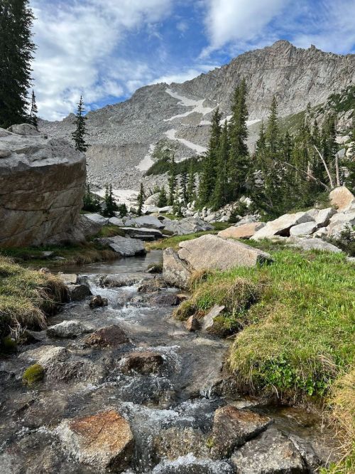 A serene mountain landscape featuring a clear stream, rocky terrain, and lush greenery under a blue sky with clouds.