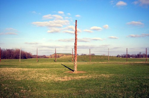 A grassy field with several tall, bare poles under a blue sky with scattered clouds.