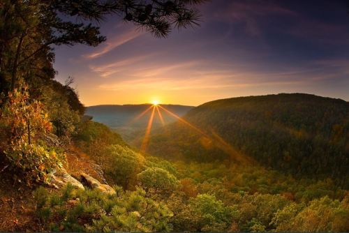 A breathtaking sunset over a lush valley, with rays of light illuminating the landscape and colorful foliage.