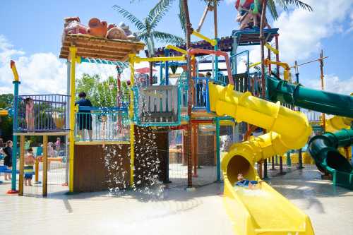 Colorful water play structure with slides, kids playing, and palm trees under a sunny sky.