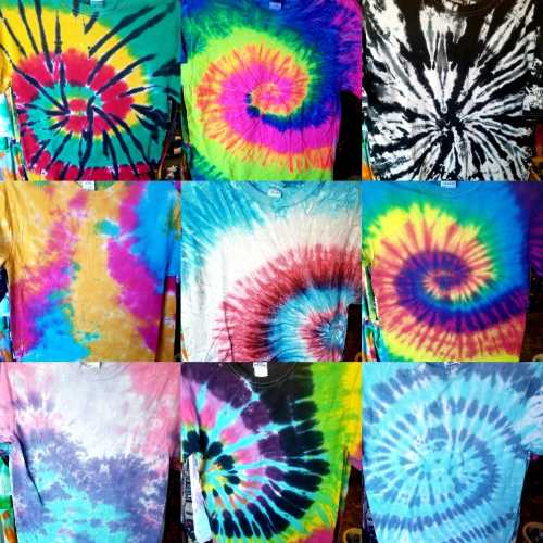 A collage of colorful tie-dye t-shirts in various patterns and colors, arranged in a grid format.