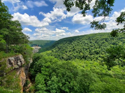 A scenic view of lush green hills and a rocky cliff under a bright blue sky with fluffy clouds.