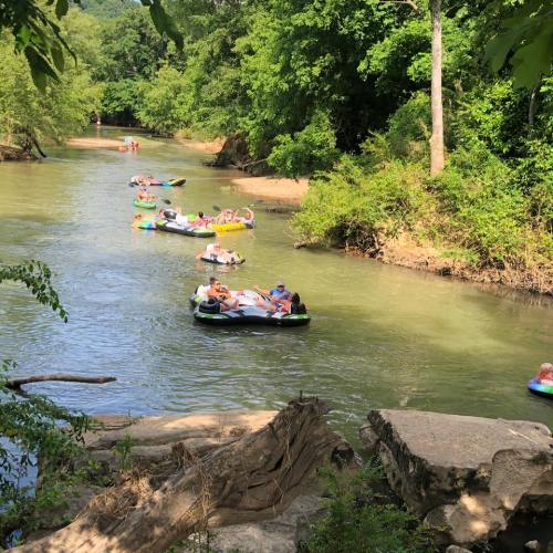 A peaceful river scene with people floating on colorful inner tubes among lush greenery.